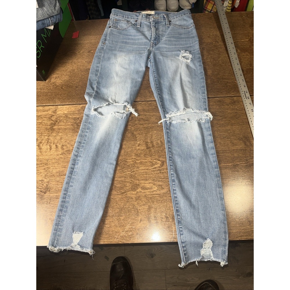 Madewell 9" High Rise Skinny Blue Jeans Destructed Edition Distressed Raw Hem 27